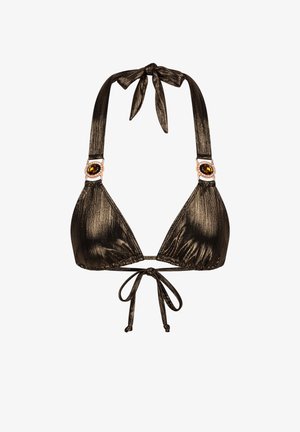 Bikini triangle noir en métal avec une finition texturée. Doté de bretelles à nouer et d'un accent décoratif avec un bijou de chaque côté.