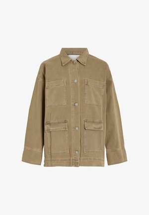 Khaki jas met een kraag, vier voorzakken en drukknoopsluiting. Gemaakt van een gestructureerde stof, met een losse, comfortabele pasvorm.