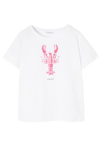 T-shirt à manches courtes blanche avec un graphisme de homard rose au centre, accompagné du mot "LOBSTER" imprimé en dessous.