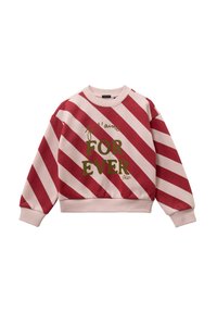 Rood en roze gestreepte sweatshirt met geribde manchetten. Kenmerkt "je t'aime FOR EVER" in groene tekst. Zachte katoenen stof, relaxed fit.