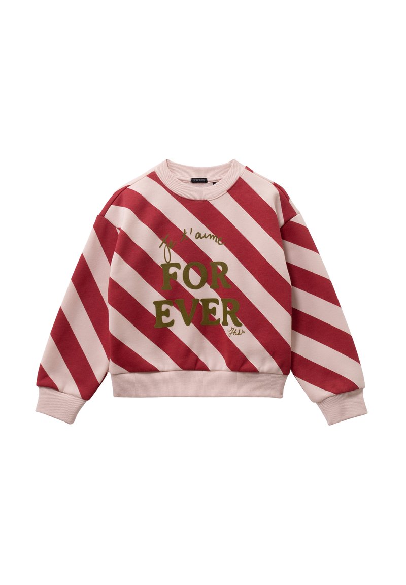 Rood en roze gestreepte sweatshirt met geribde manchetten. Kenmerkt "je t'aime FOR EVER" in groene tekst. Zachte katoenen stof, relaxed fit.