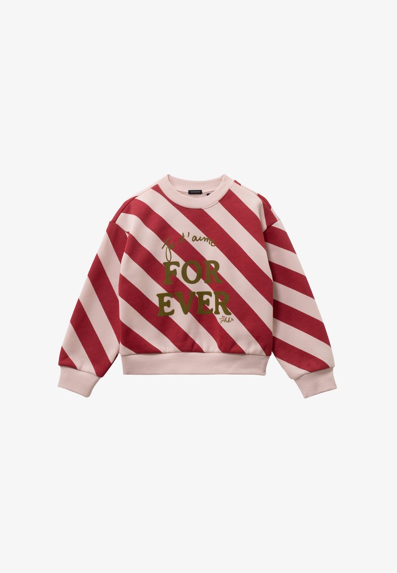 Sudadera a rayas rojas y rosas con puños acanalados. Presenta "je t'aime FOR EVER" en texto verde. Material de algodón suave, corte relajado.