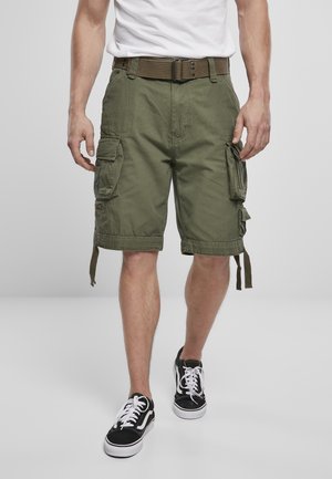 Man die olijfgroene cargoshorts, zwart-witte sneakers en een wit T-shirt draagt, staand op een effen grijze achtergrond.
