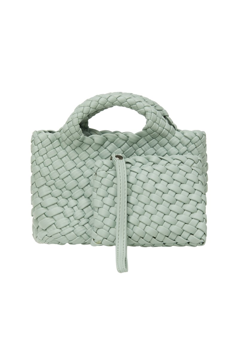 Borsa intrecciata color verde menta con manici arrotondati, dotata di una tasca anteriore e di un motivo testurizzato su tutta la superficie.