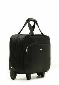 Black wheeled bag made of durable fabric, featuring two top handles, a front zip pocket, and smooth-rolling wheels for easy transport.
