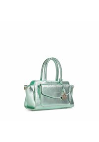 Borsa metallic verde menta con due manici superiori, una tasca frontale e hardware argentato. Texture liscia con una forma strutturata.