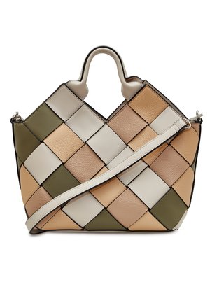 Szőtt bőrtáska bézs, barack és olíva zöld négyzetek kombinációjával, rövid füllel és leválasztható pánttal.