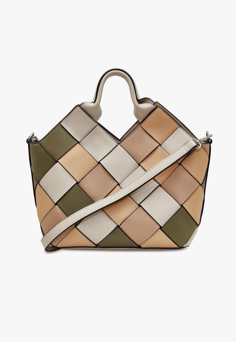 Vævet læderhåndtaske med en kombination af beige, fersken og olivengrønne firkanter, med korte håndtag og en aftagelig rem.