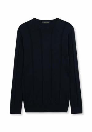 Pull à col rond manches longues bleu marine avec une subtile texture côtelée verticale et des poignets et ourlet ajustés.