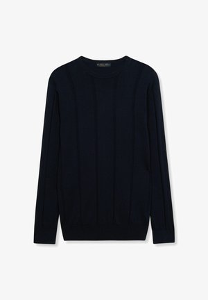 Maglione blu navy a maniche lunghe con scollo rotondo, con una sottile trama a coste verticali e polsini e orlo aderenti.