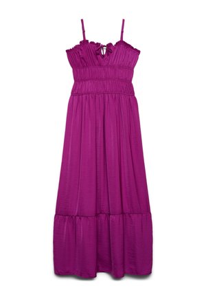 Purple sleeveless midi dress with ruffled top, adjustable straps, smocked bodice, and tiered skirt detailing.