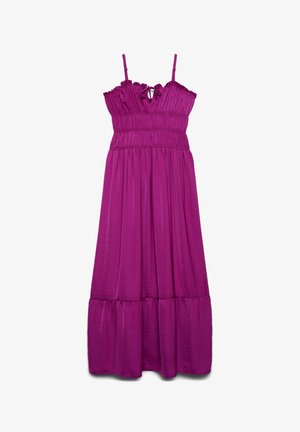 Purple sleeveless midi dress with ruffled top, adjustable straps, smocked bodice, and tiered skirt detailing.
