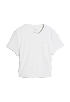 Hvid kortærmet atletisk t-shirt med rund hals og diskret Puma-logo på venstre bryst, lagt fladt på hvid baggrund.