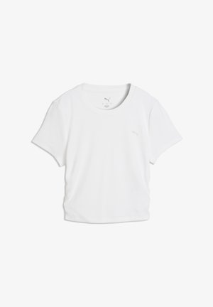 T-shirt de sport blanc à manches courtes et col rond avec un logo Puma subtil sur la poitrine gauche, présenté à plat sur un fond blanc.