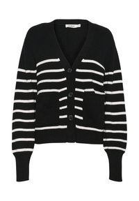 Svart ruggad cardigan med vita horisontella ränder, V-hals, sex knappar, två framfickor och åtsittande ärmslut.