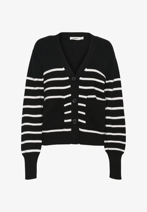 Svart ruggad cardigan med vita horisontella ränder, V-hals, sex knappar, två framfickor och åtsittande ärmslut.