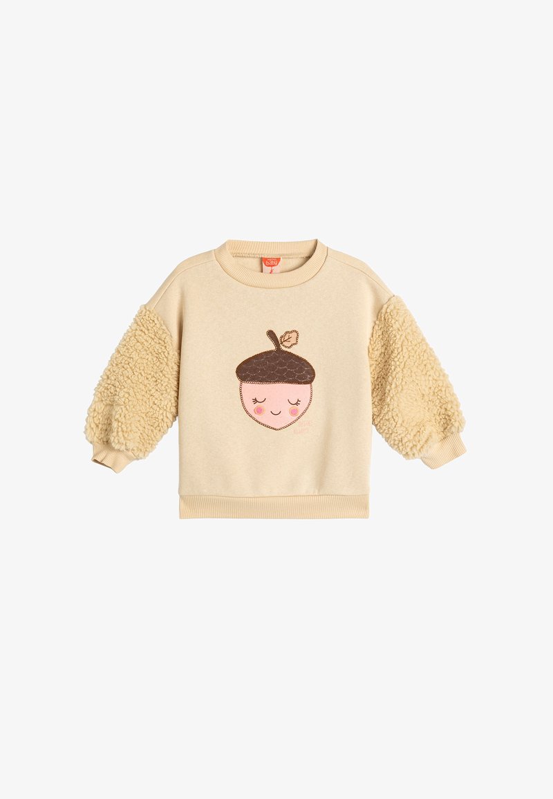Felpa color crema con maniche in pelliccia beige testurizzata, caratterizzata da una simpatica grafica di una ghianda in marrone, rosa e bianco sulla parte anteriore.
