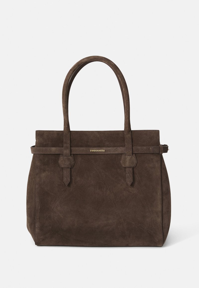 Dark brown suede tote bag with dual handles and a horizontal strap featuring a small gold DSQUARED2 logo plaque.