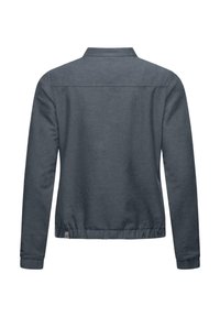 Mörkgrå jacka med krage, lång ärm och elastisk nederkant. Har en enkel design och mjuk textur. Inga synliga mönster eller hårdvara.