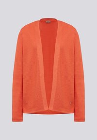 Offene Strickjacke in leuchtendem Orange, mit strukturiertem Strickstoff, langen Ärmeln und einem dezenten Markenetikett an der unteren Seite.