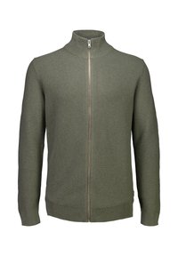 Olivgrön stickad fullzip-tröja med hög krage och långa ärmar, texturerat mönster, ribbade muddar och nederkant.