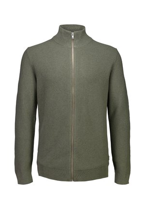 Olive green knitted full-zip sweater with high collar and long sleeves, textured pattern, ribbed cuffs and hem.