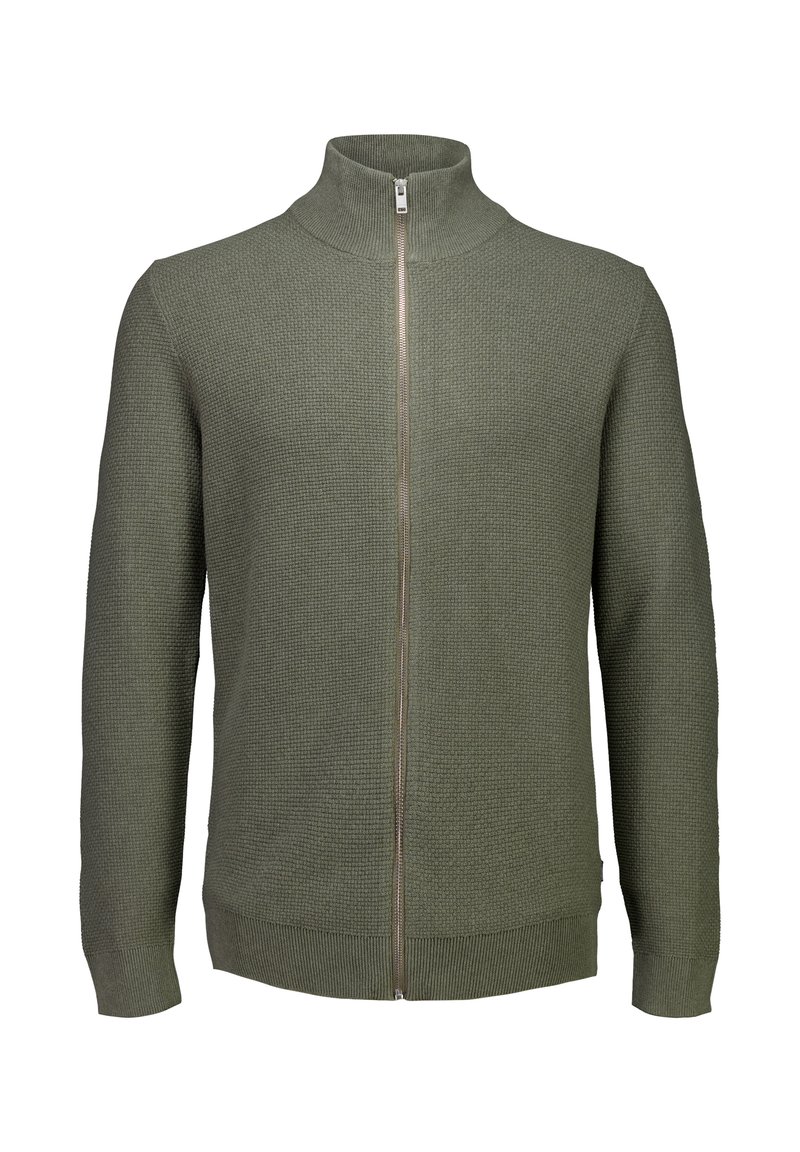 Olivgrön stickad fullzip-tröja med hög krage och långa ärmar, texturerat mönster, ribbade muddar och nederkant.