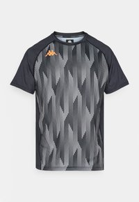 Black athletic t-shirt featuring a geometric striped pattern in gray and white, with orange logo on the left shoulder. Short sleeves.