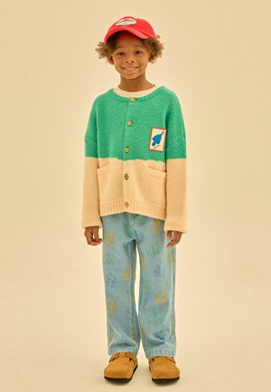 Cárdigan de punto verde y beige con botones, bolsillos y un emblema. Jeans de color azul claro con patrones coloridos. Zapatos tipo mocasín marrones.