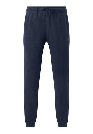 Granatowe joggery dresowe z elastycznym pasem, regulowanym sznurkiem, zwężanymi nogawkami oraz małym logo na prawej biodrze.