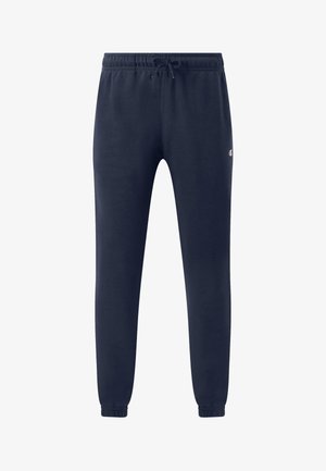 Marineblaue Jogginghose mit elastischem Bund, verstellbarem Kordelzug, zulaufenden Beinen und kleinem Logo an der rechten Hüfte.