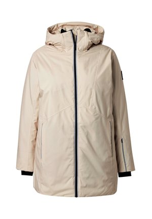 Giacca beige con cappuccio, chiusura frontale con zip, tasche laterali e bordi neri. Presenta una texture liscia e una vestibilità comoda.