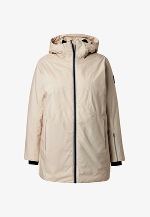 Giacca beige con cappuccio, chiusura frontale con zip, tasche laterali e bordi neri. Presenta una texture liscia e una vestibilità comoda.