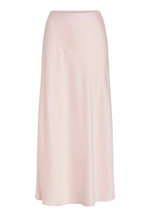 Light pink satin maxi skirt with a smooth, flowing texture, featuring a simple design and a comfortable waistband.