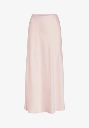 Jupe longue en satin rose clair avec une texture lisse et fluide, dotée d'un design simple et d'une ceinture confortable.