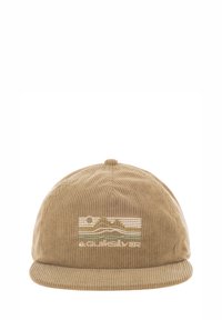 Casquette en velours côtelé marron avec une visière plate, ornée d'un design brodé d'une montagne et d'un soleil en vert et blanc, ainsi qu'un logo à l'avant.