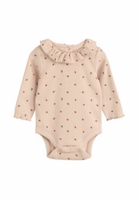 Šviesiai rožinė juostuota kūdikių bodžiukas su ilgomis rankovėmis, su pūstomis apykaklėmis ir mažais raudonais gėlių ornamentais. Turi spaudimo uždarymus apačioje.