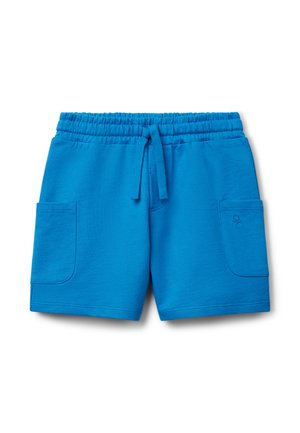Pantaloni corti sportivi blu con vita elasticizzata, cordoncino e due tasche laterali. Tessuto liscio con finitura in un colore uniforme.