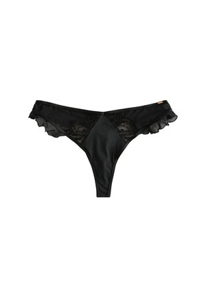 Braguitas tanga negras para mujer con paneles de encaje y bordes con volantes en los laterales, hechas de tela transparente y opaca.