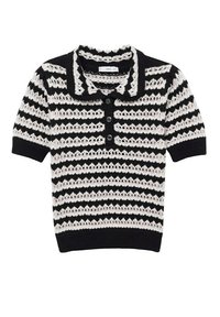 Haut en maille à rayures noires et blanches à manches courtes, avec col et trois boutons noirs sur le devant.