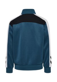 Teal sportjack met zwarte en witte accenten, normale pasvorm, hoge kraag, ribgebreide manchetten, gestructureerd schouderpaneel en zijstreepdetail.