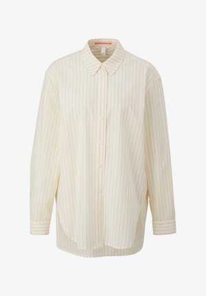 Chemise légère à boutons couleur crème avec des rayures verticales jaunes. Présente un col pointu et des manches longues avec des poignets à boutons.