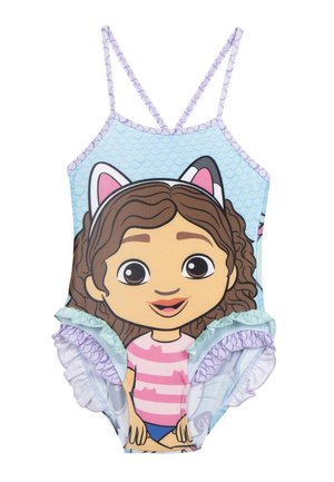 Costume intero per bambini con disegno di una ragazza dei cartoni con orecchie da gatto, sfondo con squame azzurro chiaro e bordo arricciato viola.