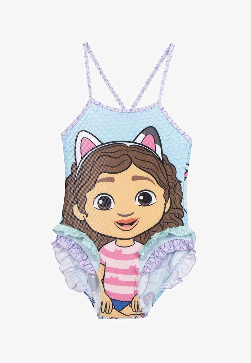 Costume intero per bambini con disegno di una ragazza dei cartoni con orecchie da gatto, sfondo con squame azzurro chiaro e bordo arricciato viola.