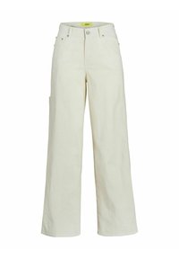 Pantalones de pierna ancha en color crema, confeccionados en algodón. Cuentan con una cintura alta, cierre de botón metálico y un bolsillo lateral. Textura suave.