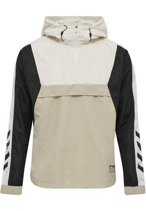 Hellbeiger und schwarzer Pullover-Windbreaker mit Kapuze, durchgehendem Reißverschluss vorne und diagonalen Streifen auf den Ärmeln.