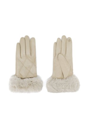 Guanti beige in suede con una rifinitura in pelliccia sintetica. Presentano un design trapuntato su un guanto e una finitura liscia sull'altro.