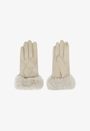 Guanti beige in suede con una rifinitura in pelliccia sintetica. Presentano un design trapuntato su un guanto e una finitura liscia sull'altro.
