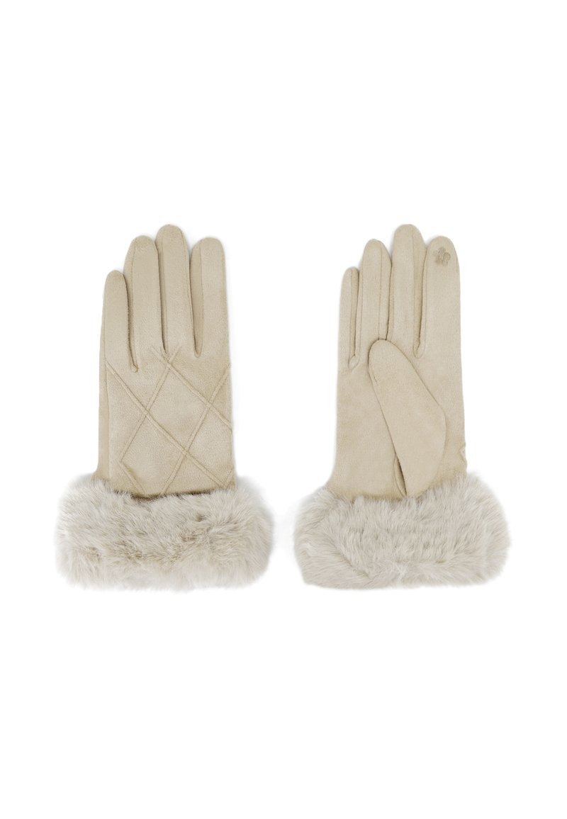 Guanti beige in suede con una rifinitura in pelliccia sintetica. Presentano un design trapuntato su un guanto e una finitura liscia sull'altro.