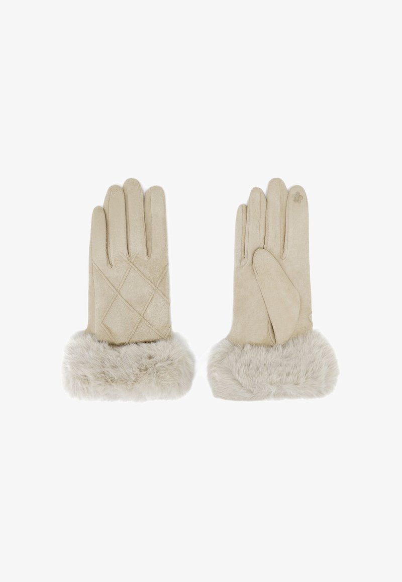 Guanti beige in suede con una rifinitura in pelliccia sintetica. Presentano un design trapuntato su un guanto e una finitura liscia sull'altro.